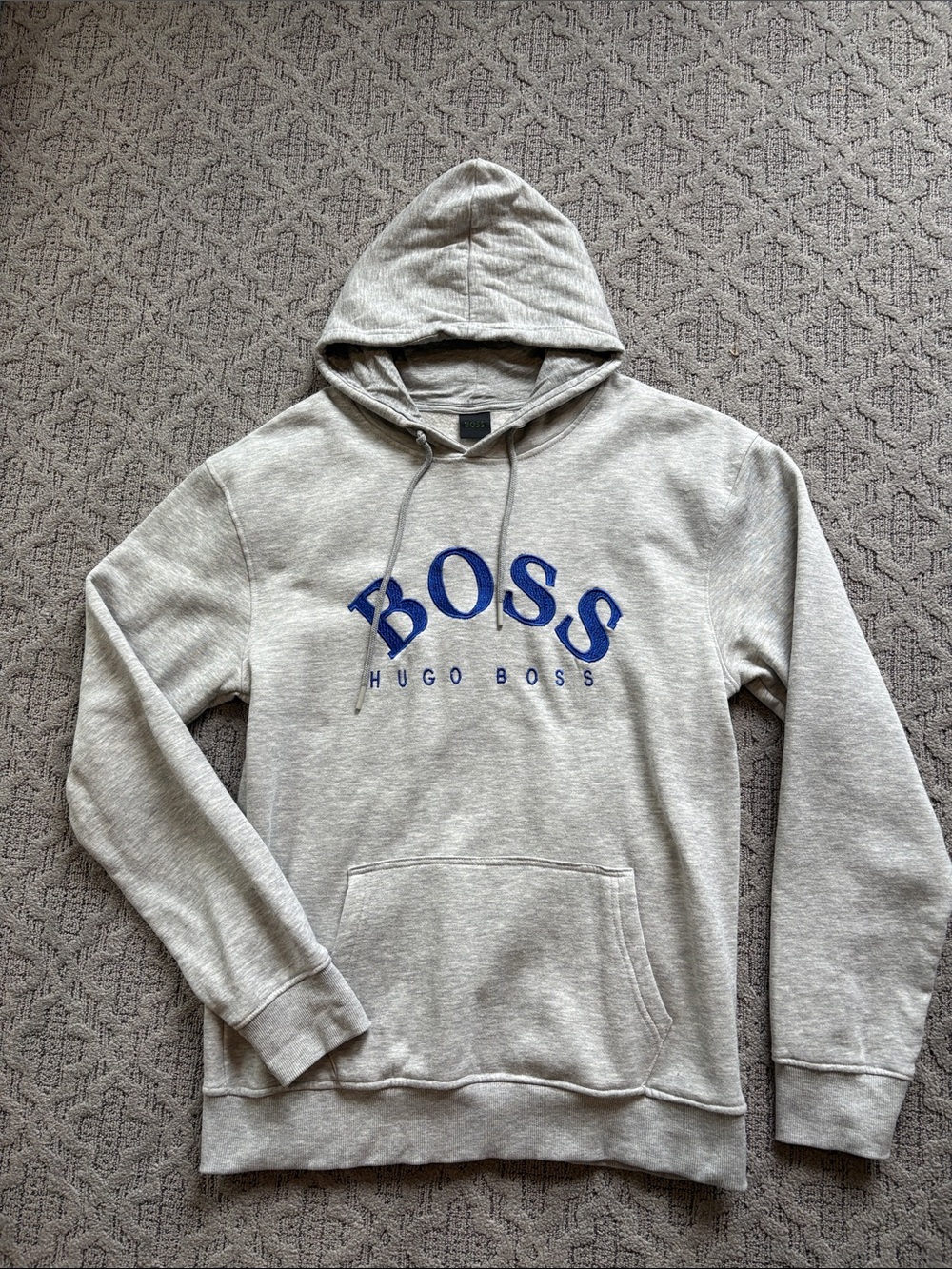 Hugo Boss Light Gray Hoodie with Blue BOSS Logo